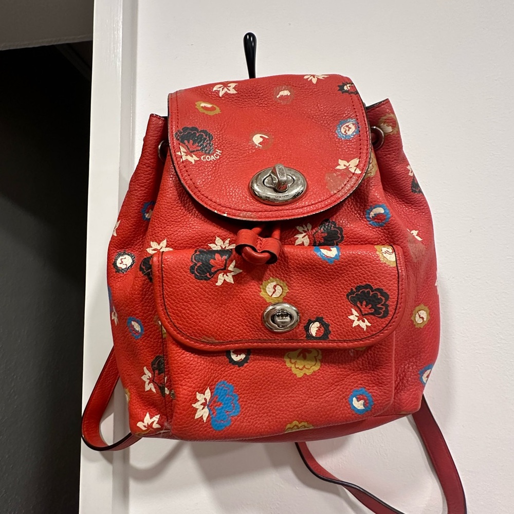 Coach Red Backpack with Floral Accents